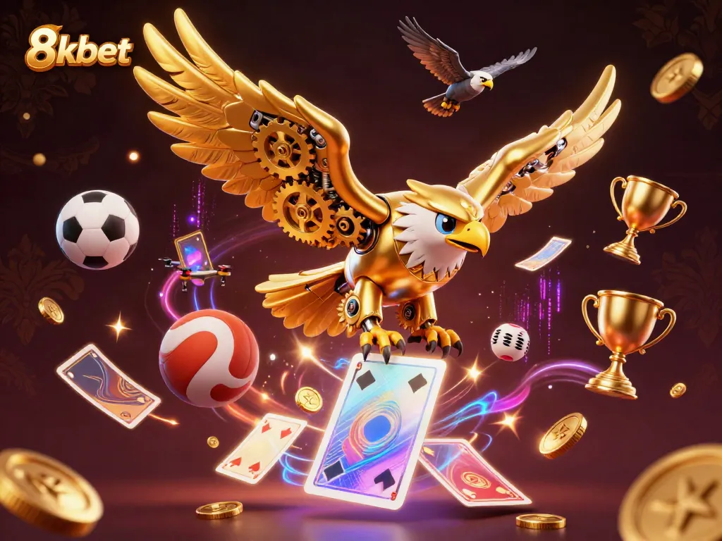 8kbet showcases an exhilarating 3D illustration of a golden eagle flying through holographic cards, amidst sports elements and excitement.