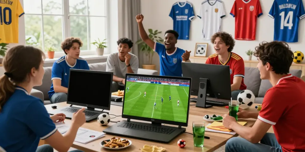 Football fans enjoying live bóng đá gavangtv match at home, vibrant atmosphere.