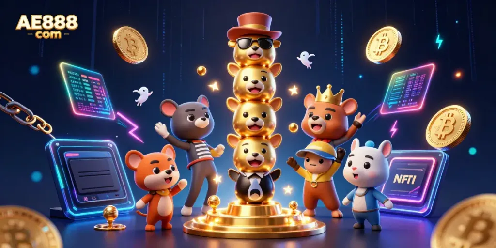 Engage with the dynamic casino atmosphere of AE888 com through vivid animal faces and vibrant crypto elements.