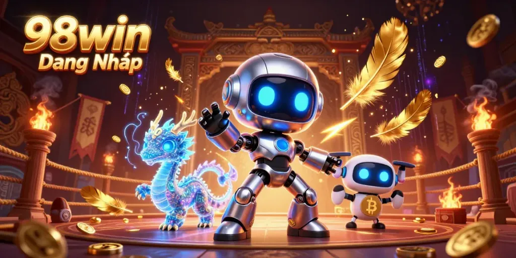 Engage with 98win Đăng Nhập featuring a dynamic 3D casino scene with robots and digital elements.