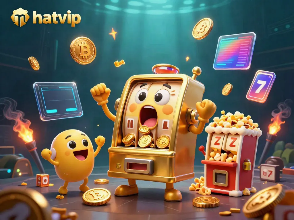 Nhatvip slot machine hitting a jackpot, surrounded by cheers, coins, and crypto elements.