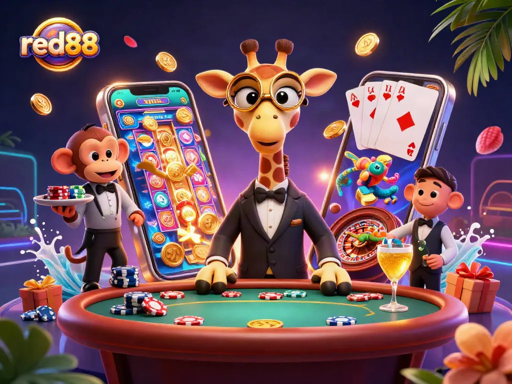 Experience exciting gameplay at red88 with a vibrant casino scene featuring a giraffe, monkey, and chameleon.