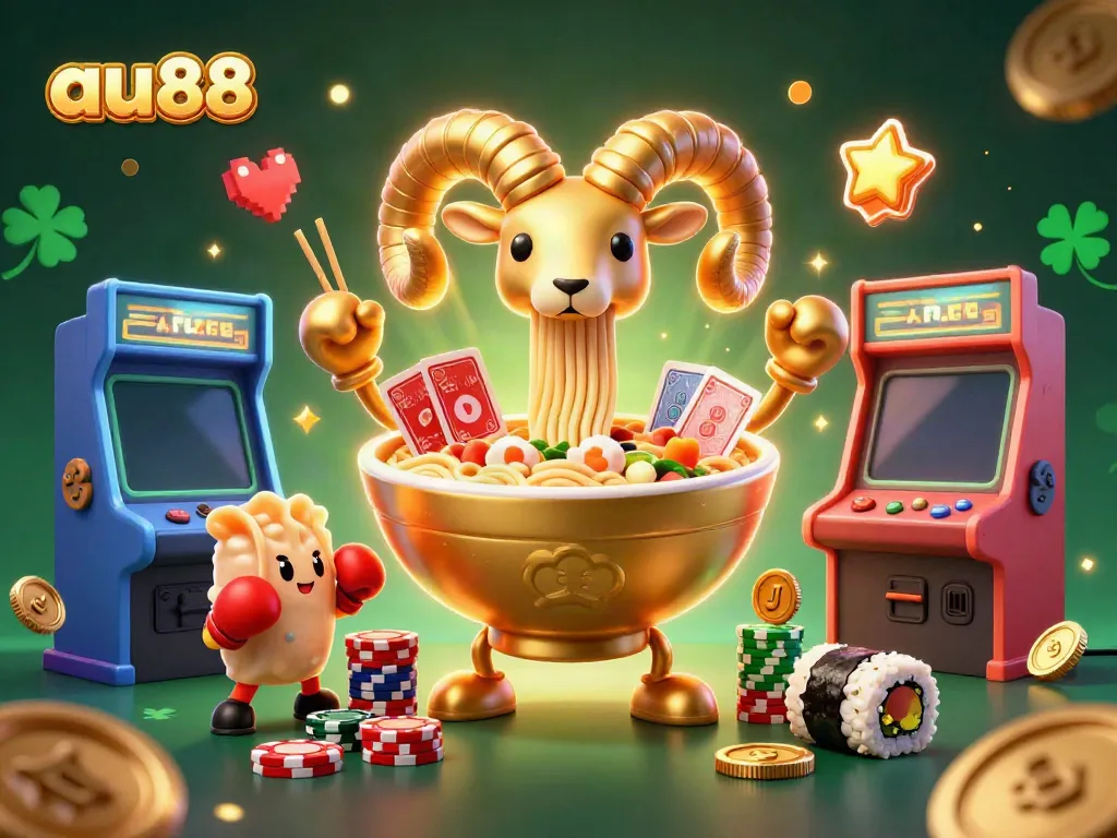 Experience the dynamic fun at au88 with a giant ramen bowl dealer, gaming elements, and vibrant colors.