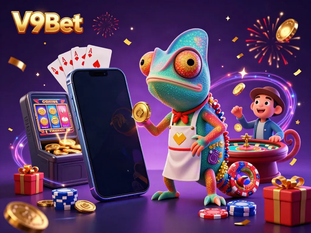 Experience the vibrant casino world with V9Bet through an animated chameleon and thrilling game elements.