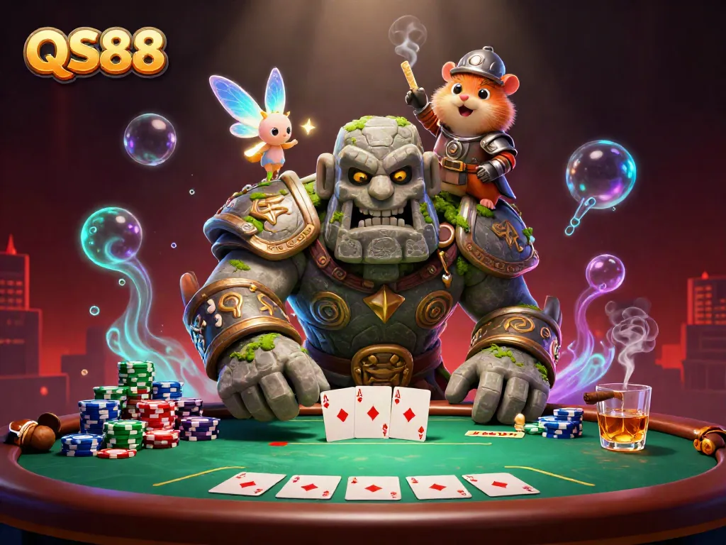 Engage with a thrilling QS88 gaming scene featuring a stone golem guardian and magical fairy amidst vibrant casino elements.