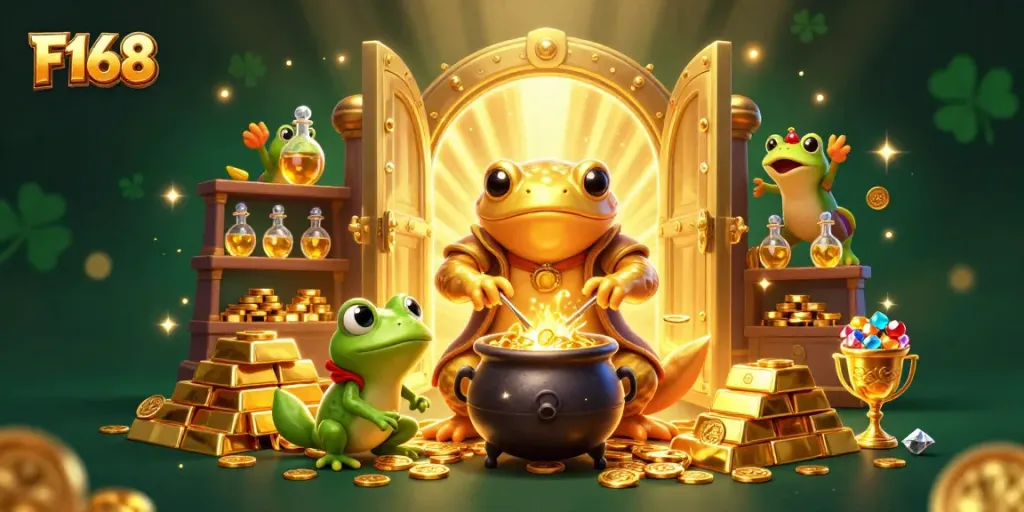 Experience F168's magical gold transformation in a vibrant gambling-themed scene with whimsical characters.