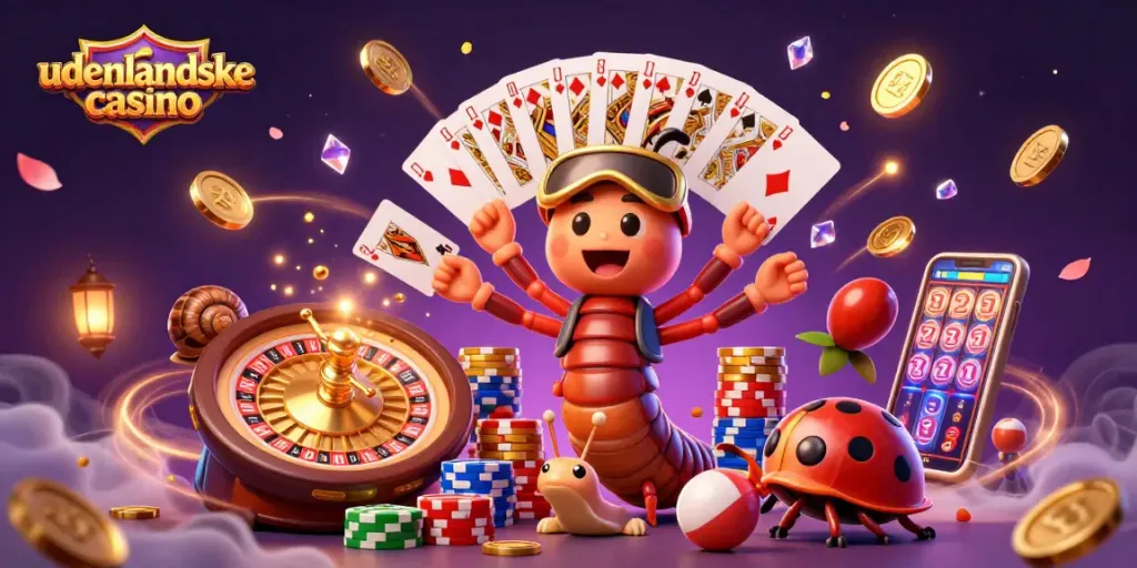 Envision an exciting scene at udenlandske casino with a millipede dealer and vibrant casino elements.