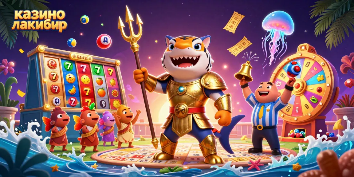 Experience exciting gameplay at казино лакибир with a shark gladiator and vibrant slot elements.
