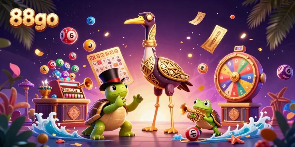 Experience 88go's vibrant casino atmosphere with lively lottery balls and characters celebrating wins.