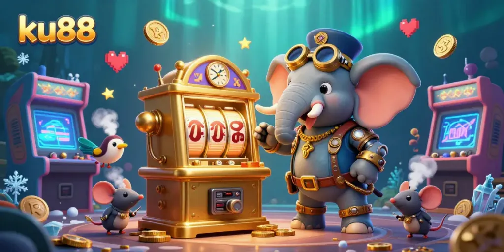 ku88 offers an engaging 3D scene with a steampunk elephant and colorful gaming elements, celebrating online casino excitement.