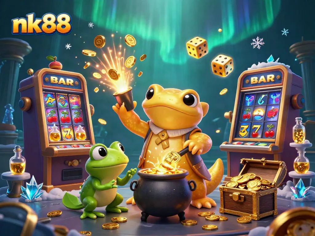 Engage with nk88's dynamic online casino scene, featuring alchemist characters and slot machines bursting with coins.