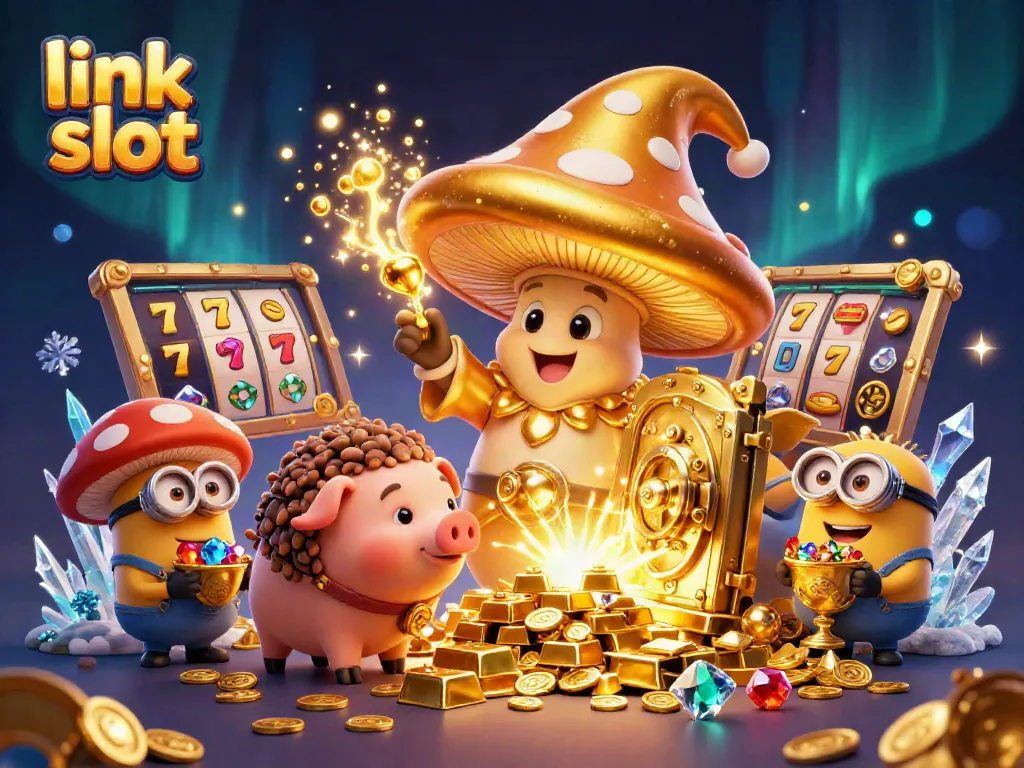 Experience thrilling wins with link slot gameplay in an enchanted casino scene filled with treasure.