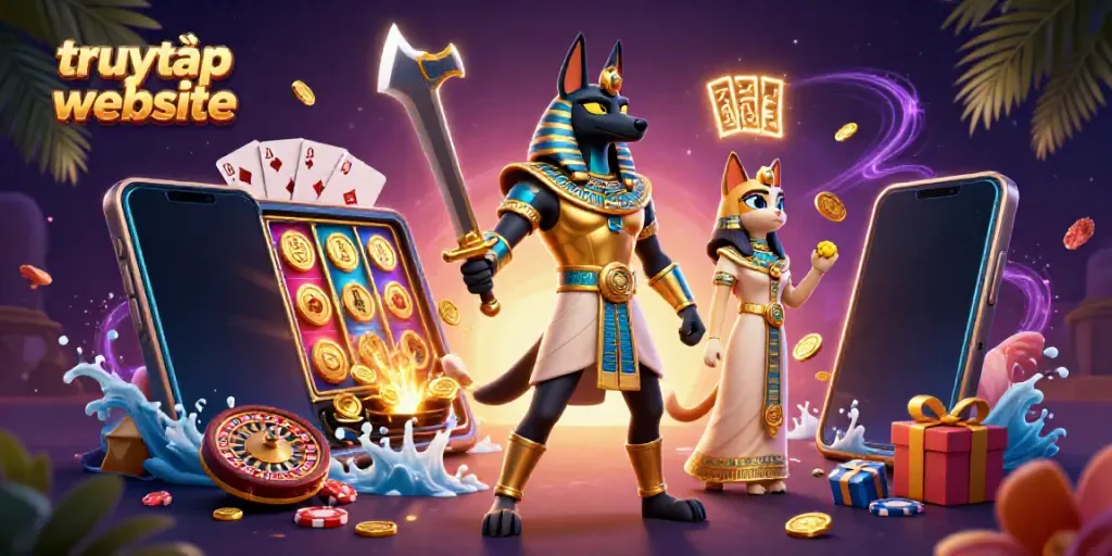 Engage in exciting online gaming as you truy cập website with Anubis and Bastet in a vibrant casino scene.