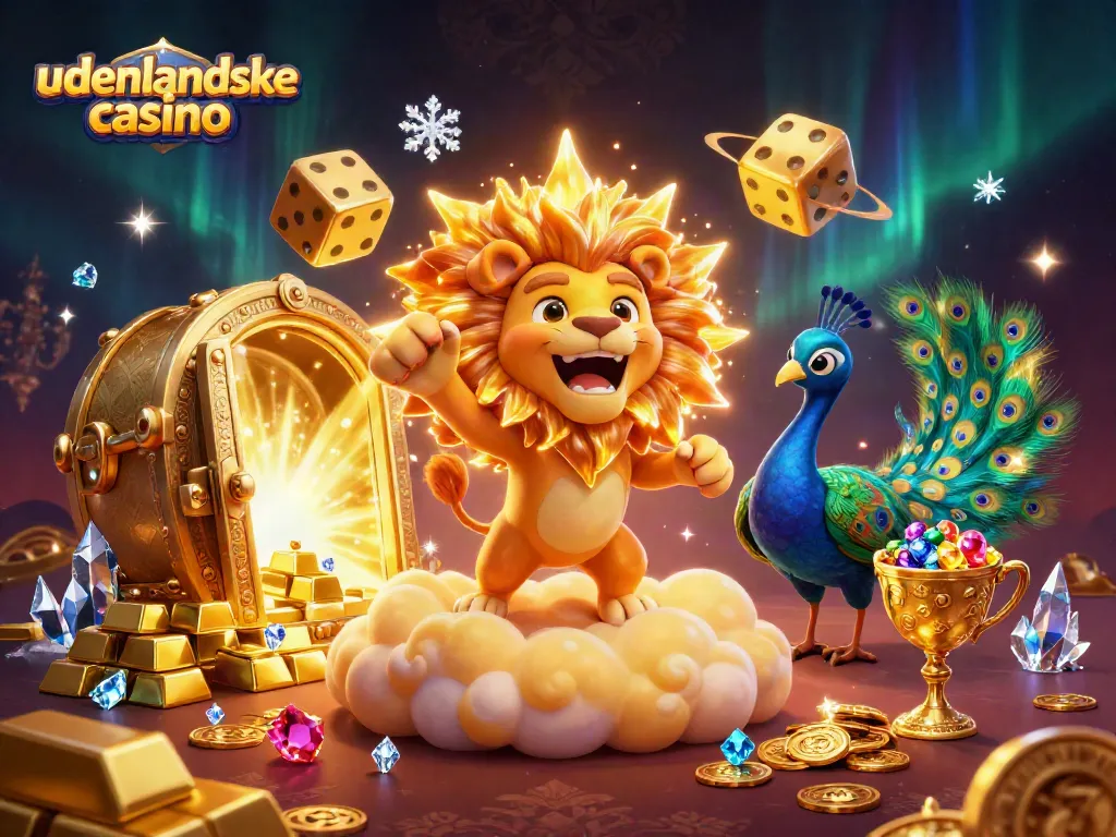 Explore the vibrant world of udenlandske casino with a golden lion, rolling dice, and treasure.