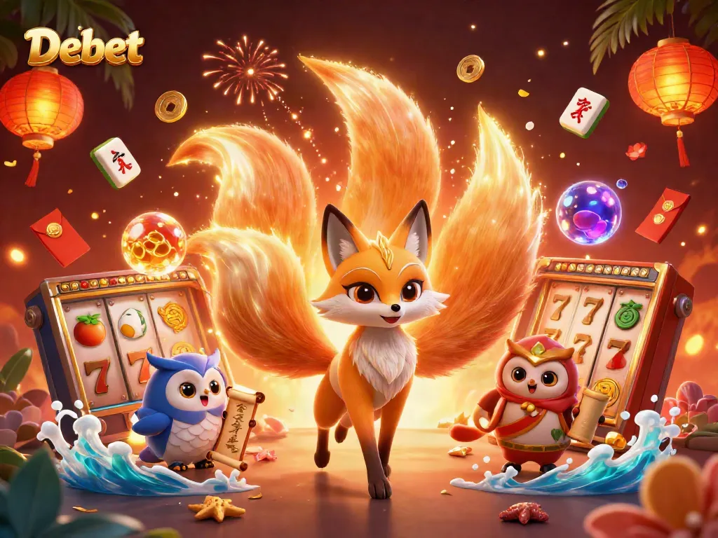 Experience Debet's vibrant gaming atmosphere with energetic characters and slot elements for ultimate fun.