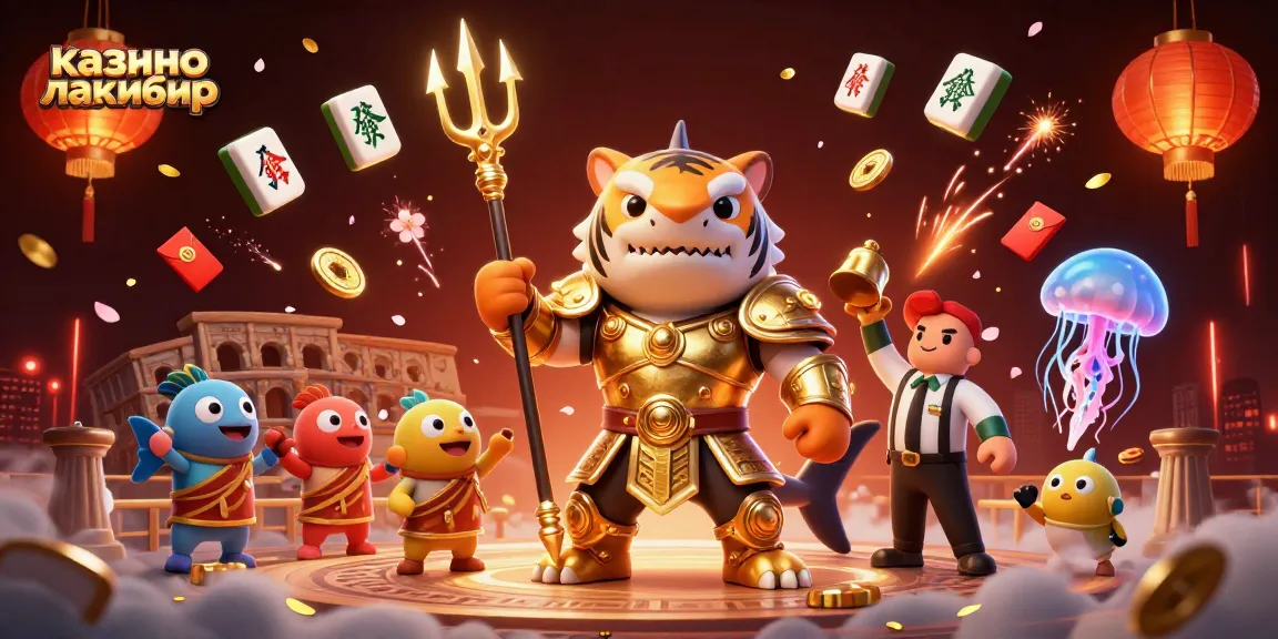 Engage with казино лакибир as a dynamic scene unfolds with a tiger shark and festive game elements.