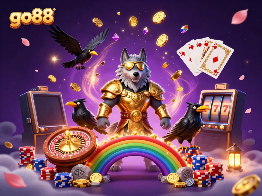 Engage with go88's vibrant casino world featuring characters before a bridge of casino chips.