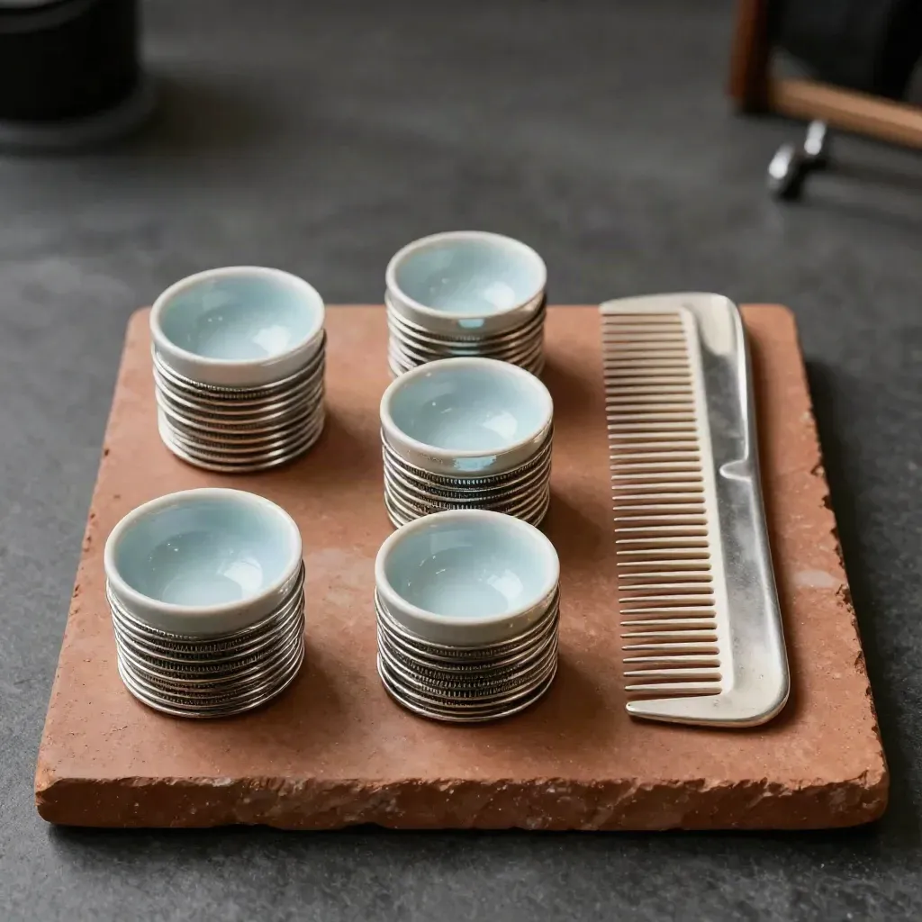 Top-down salon tools: three clip stacks, tint bowls and a comb rack on terracotta stone.