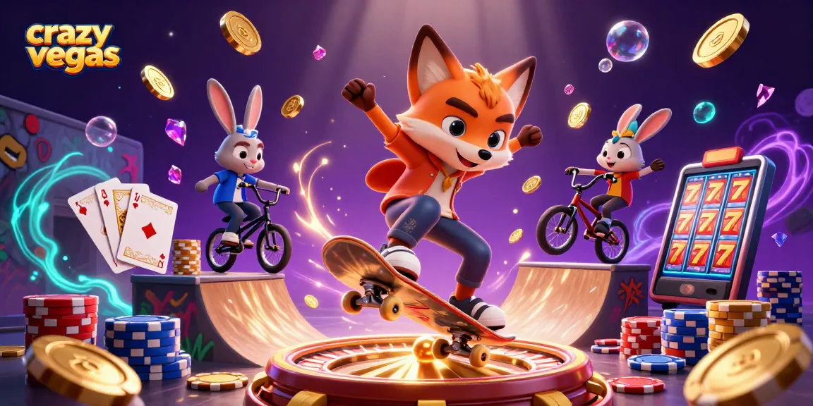 Witness crazyvegas in a vibrant 3D scene with a skateboarder fox and BMX rabbit amidst casino symbols.