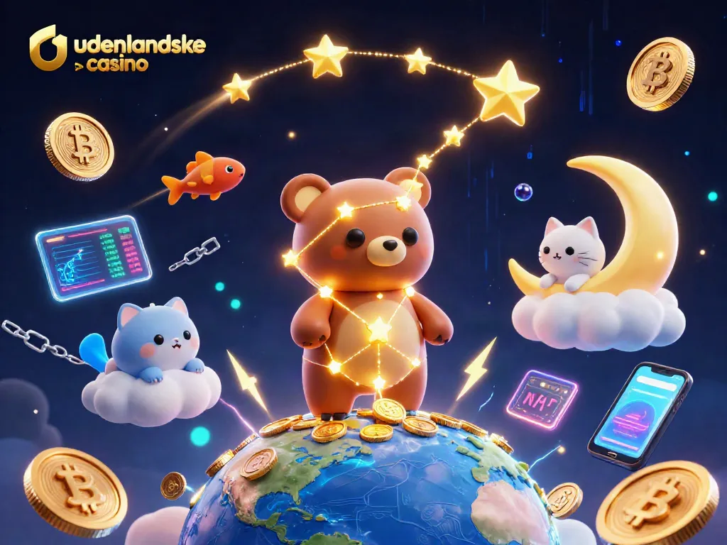 Experience the fun of udenlandske casino with vibrant illustrations of stars, coins, and neon elements.