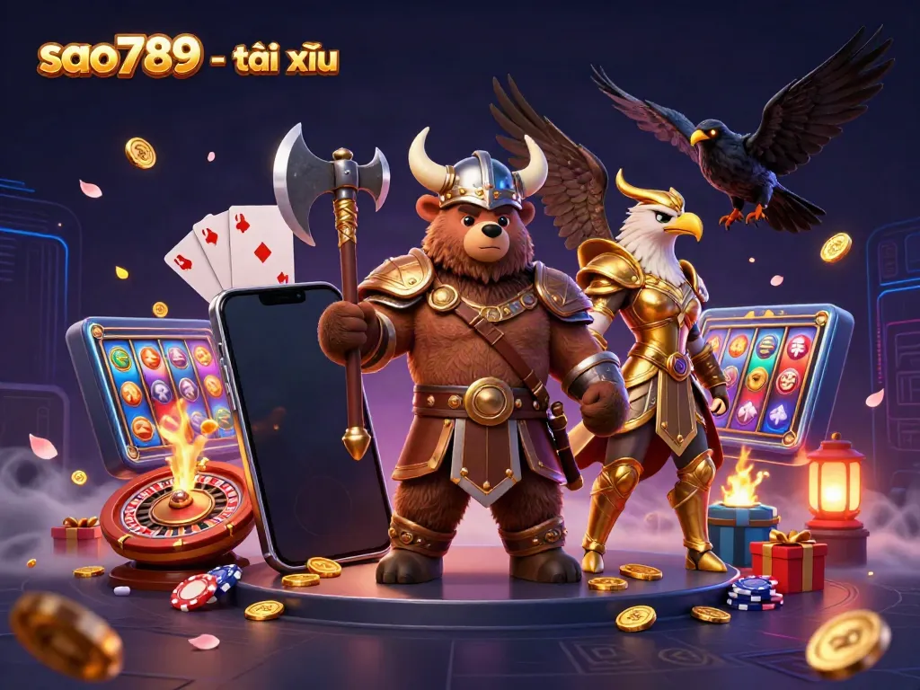 Experience the excitement of sao789 - tài xỉu gaming with a dynamic 3D casino illustration featuring action-packed characters and vibrant elements.