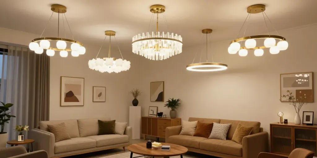 Lustra living modernă, exibită într-un magazin de servicii locale, evidențiind aspectul său elegant și funcțional.
