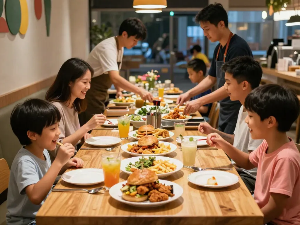 Family enjoying a meal at ROKOK88 restaurant featuring various dishes, highlighting rokok88 slot atmosphere.
