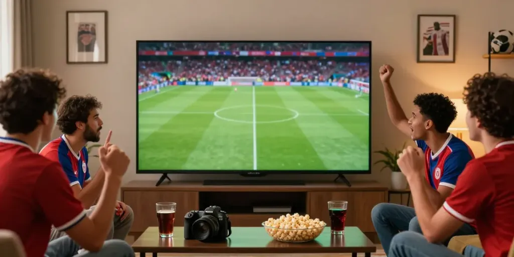 A passionate soccer fan enjoying a live bóng đá cakhiatv match with friends, snacks, and team jerseys.