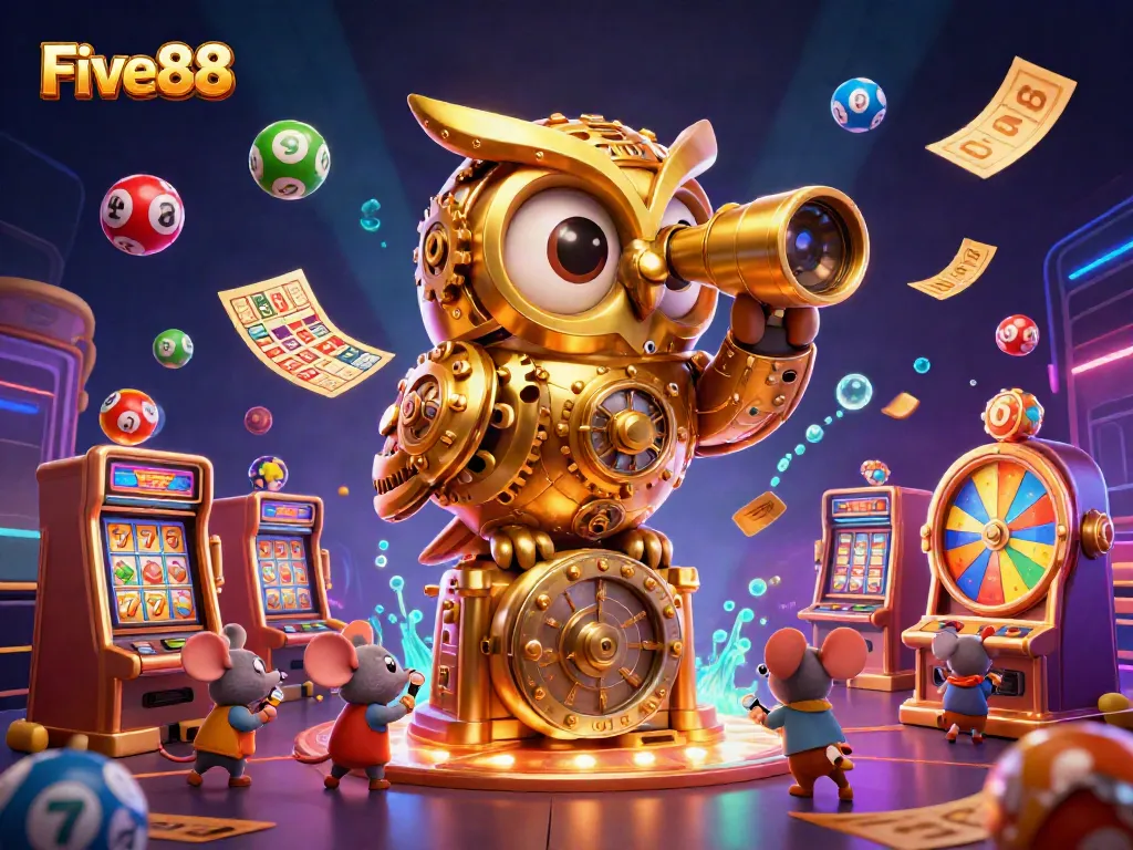 Engage with Five88’s thrilling casino experience featuring a mesmerizing golden owl amidst vibrant games.