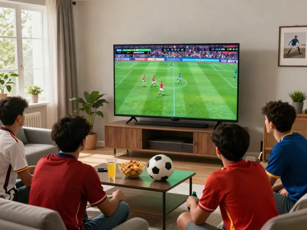 Football fans enjoying a live match at home, showcasing bóng đá xoilactv excitement.