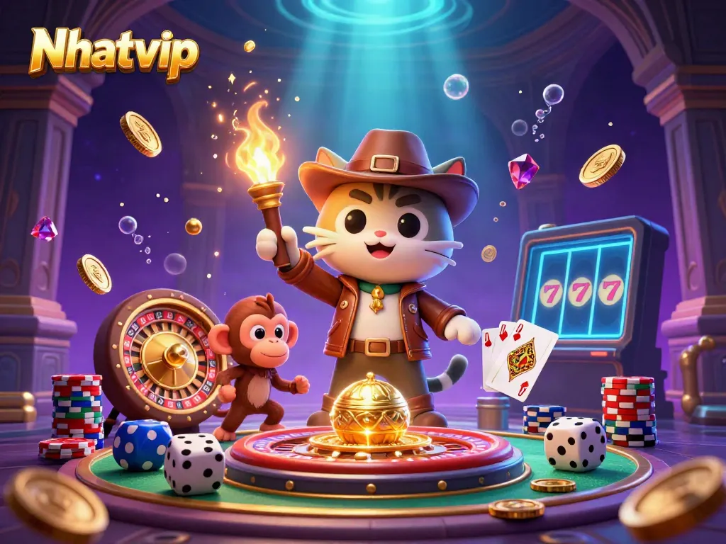 Nhatvip offers exciting online casino gaming with vibrant elements like coins, cards, and a roulette wheel.