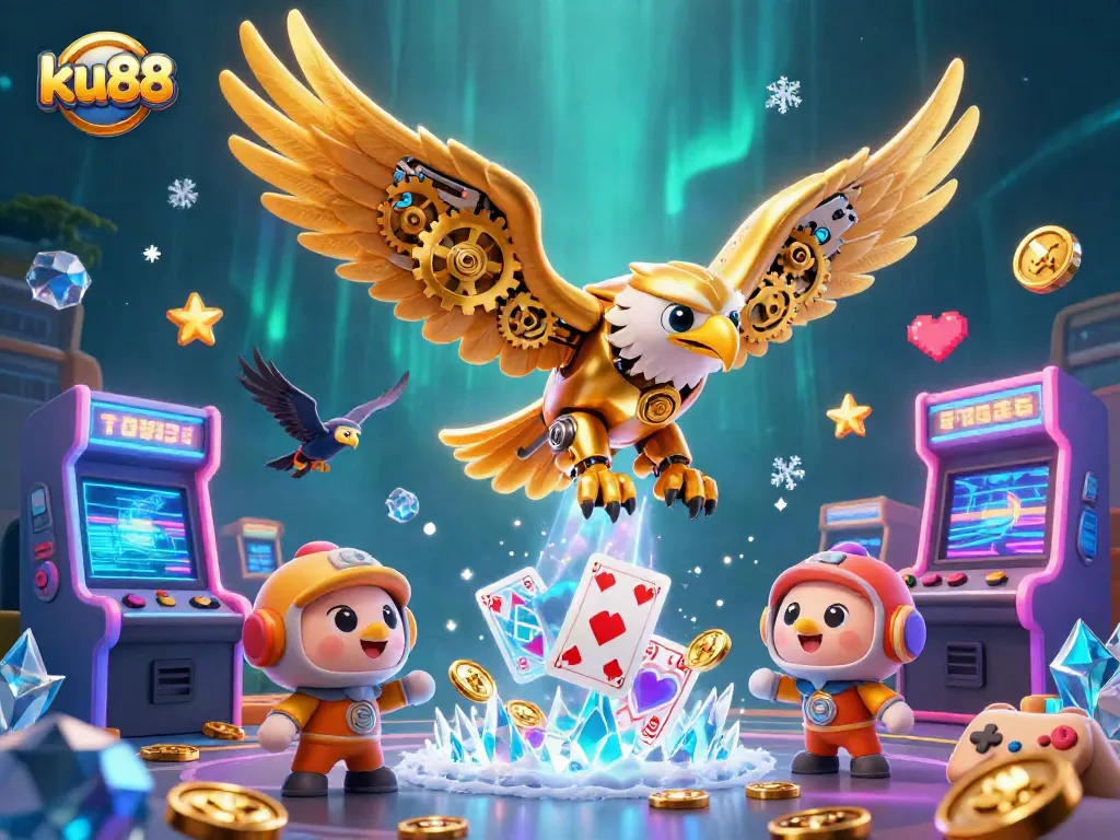 Experience thrilling gameplay with ku88's dynamic casino-themed 3D illustration featuring a golden eagle.