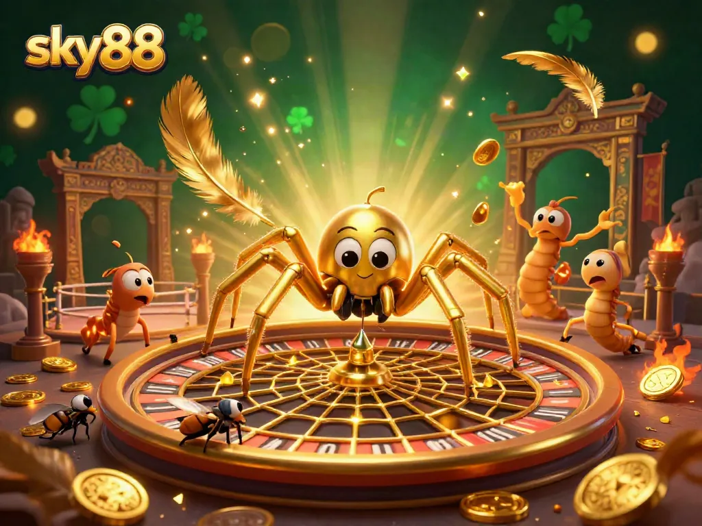 Sky88 offers an exciting gambling experience with vibrant characters betting in a golden roulette web.
