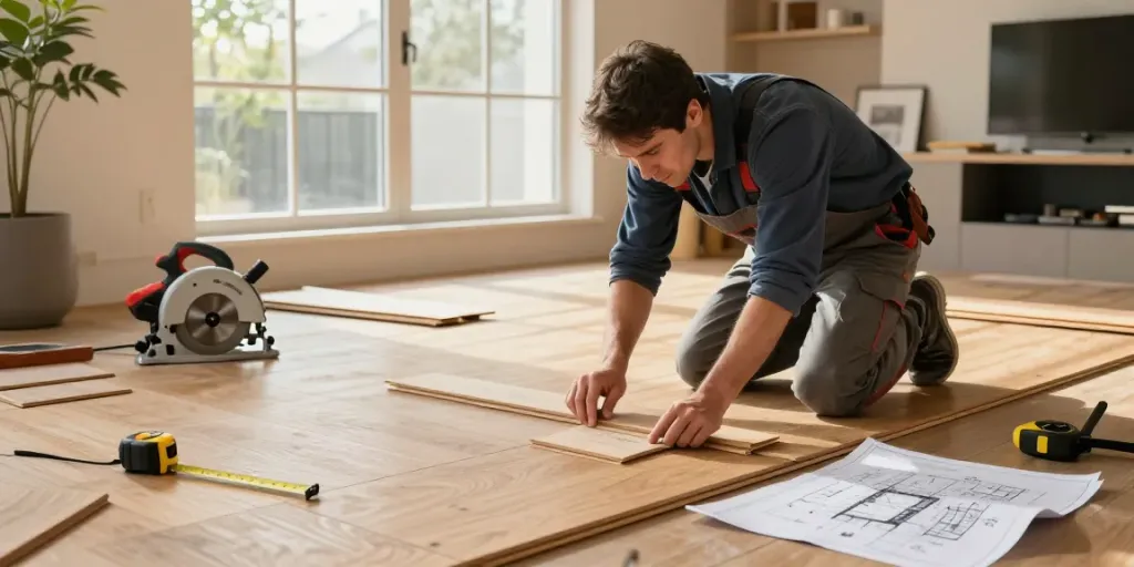 Bygg Bergen expert installing hardwood flooring in a beautiful home.