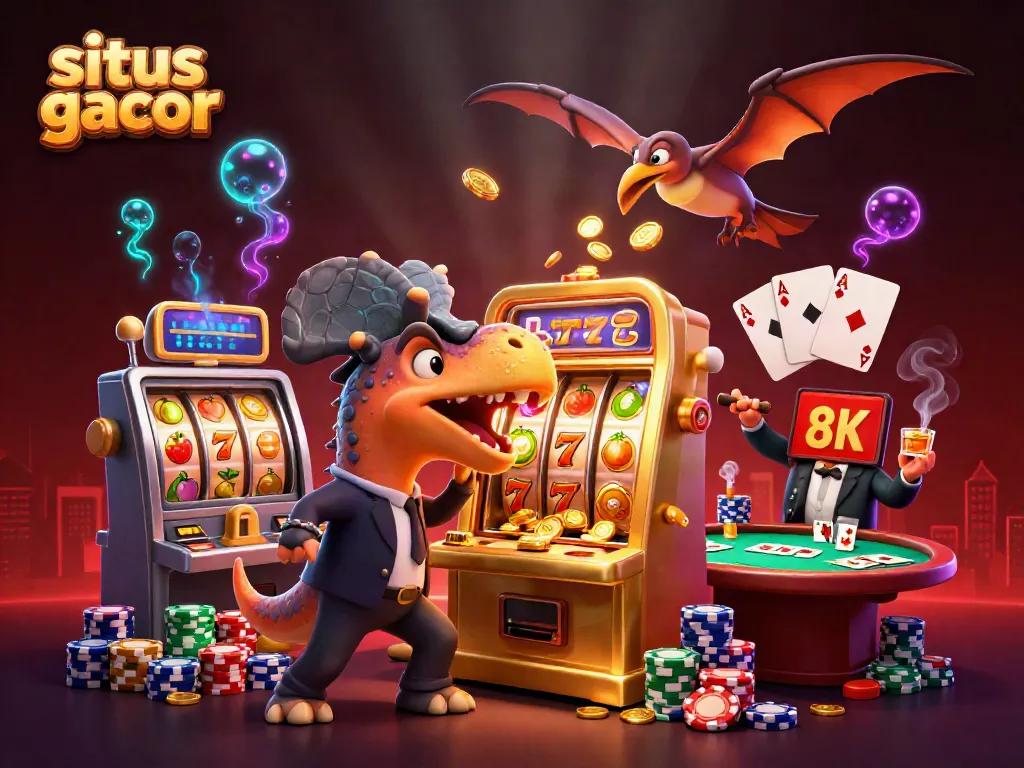 Colorful illustration of situs gacor featuring a dinosaur winning jackpots, surrounded by dynamic gaming elements.