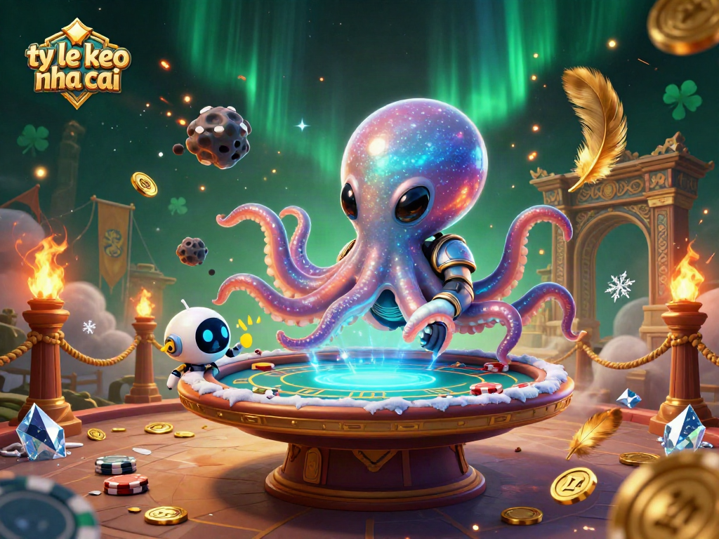 Engage with vibrant ty le keo nha cai strategies at a dynamic poker scene featuring a cosmic octopus.