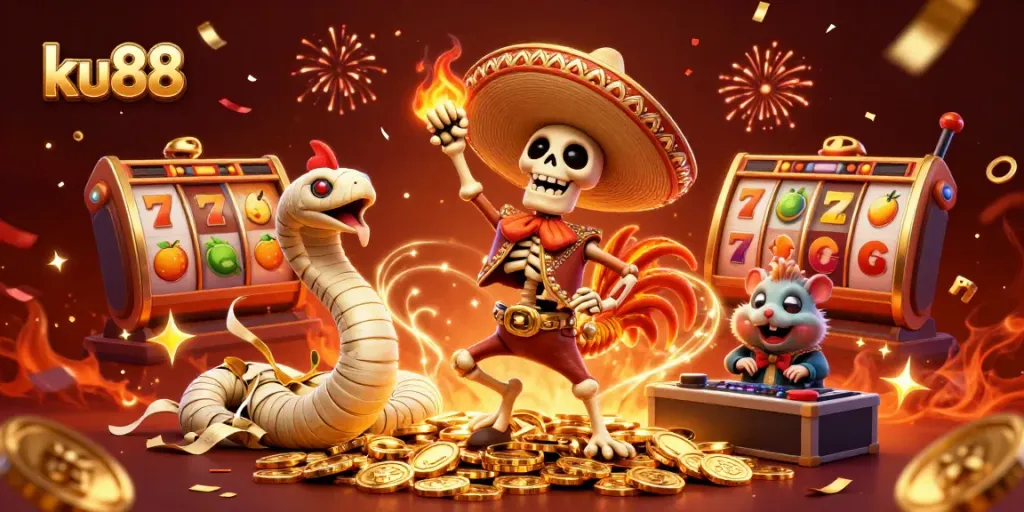 Spin the slots with ku88 as a festive skeleton rooster dances in golden riches.