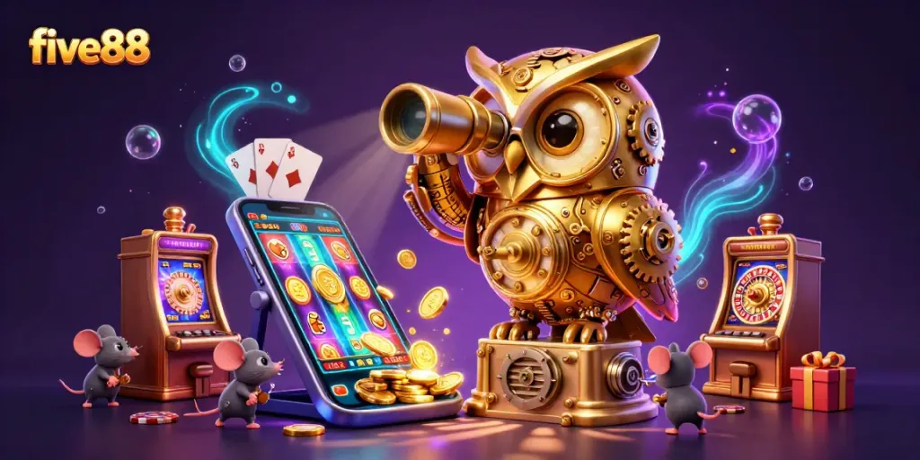 Experience five88's vibrant casino atmosphere with a golden owl surveying animated games and eager patrons.