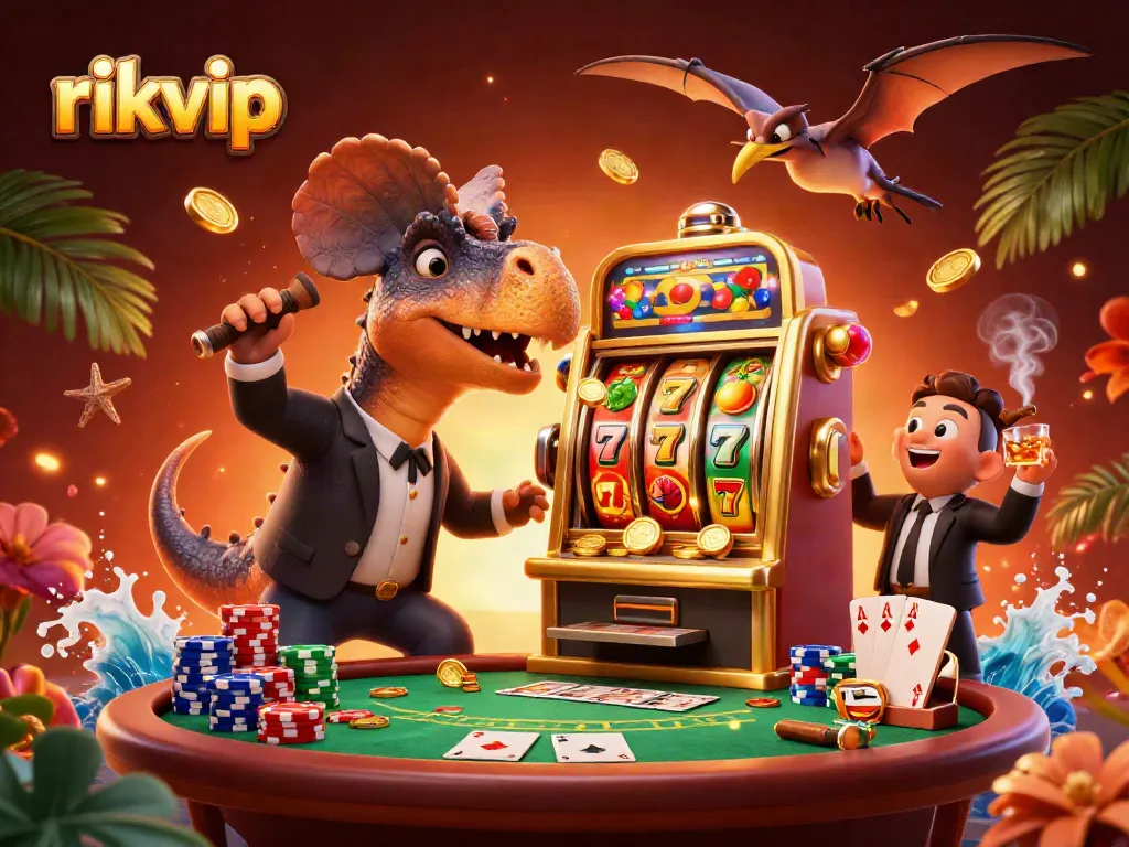 Experience the thrills of rikvip as a dinosaur hits the jackpot in this vibrant 3D casino scene!