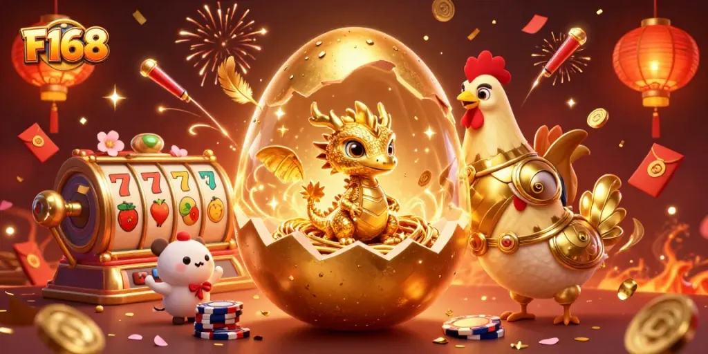 Win big at F168 with a vibrant casino scene featuring golden dragon and poker chips.