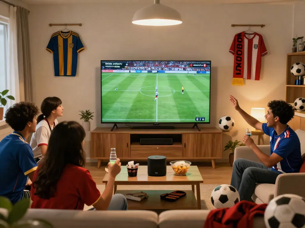 Fans watching bóng đá xoilactv live in full HD, celebrating a soccer match in a cozy living room.