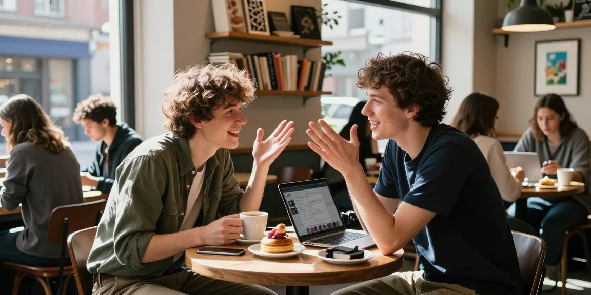 Engaged young adults enjoying coffee while discussing their crush on someone in a cozy urban café.