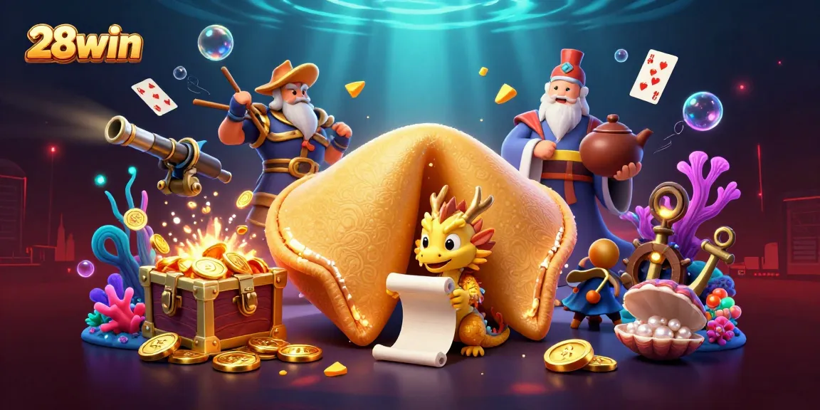 Experience 28win's thrilling atmosphere with a giant fortune cookie and vibrant casino elements.