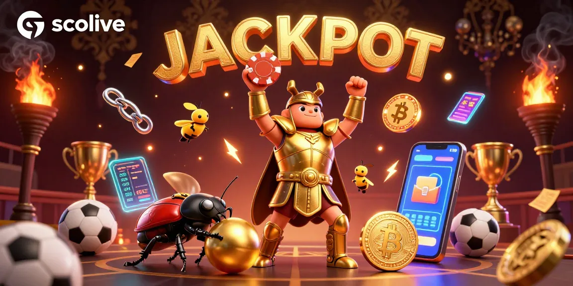 Socolive offers an engaging gambling experience as the cartoon beetles celebrate a jackpot with golden poker chips and cheerful sports elements.