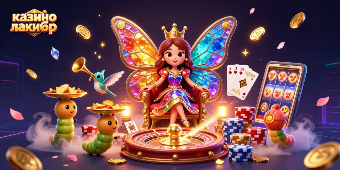 Spin alluring slots at казино лакибир with a vibrant butterfly queen and captivating casino elements.