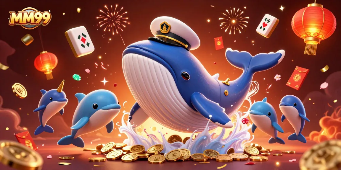 Experience excitement at MM99 with a 3D whale and narwhal amidst winning casino symbols!