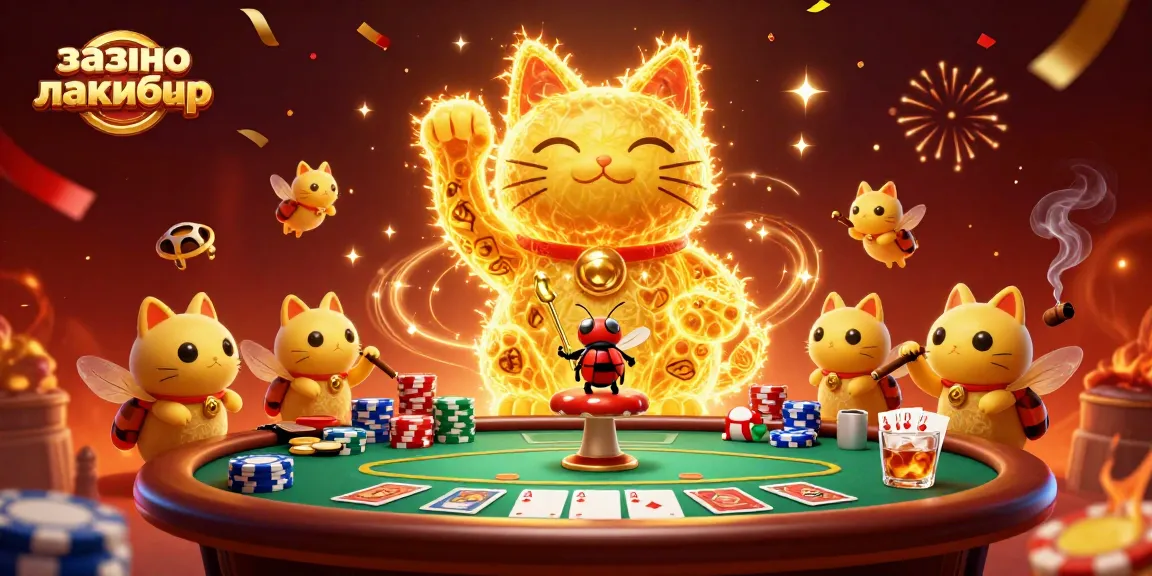 Play at казино лакибир with golden fireflies forming a giant lucky cat amid poker elements.