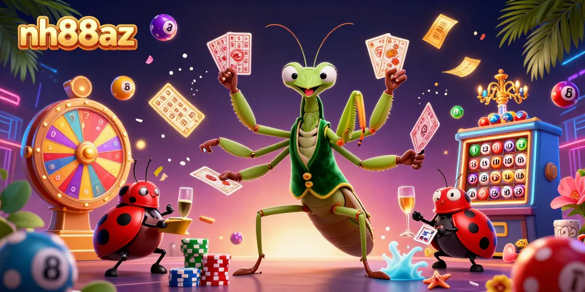 Experience vibrant gameplay with nh88az as a praying mantis dealer pours champagne and cards fly around in a lively casino scene.